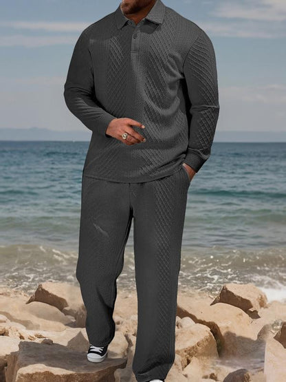 KZZ Men's Textured Long Sleeve Polo Shirt & Drawstring Pants Set