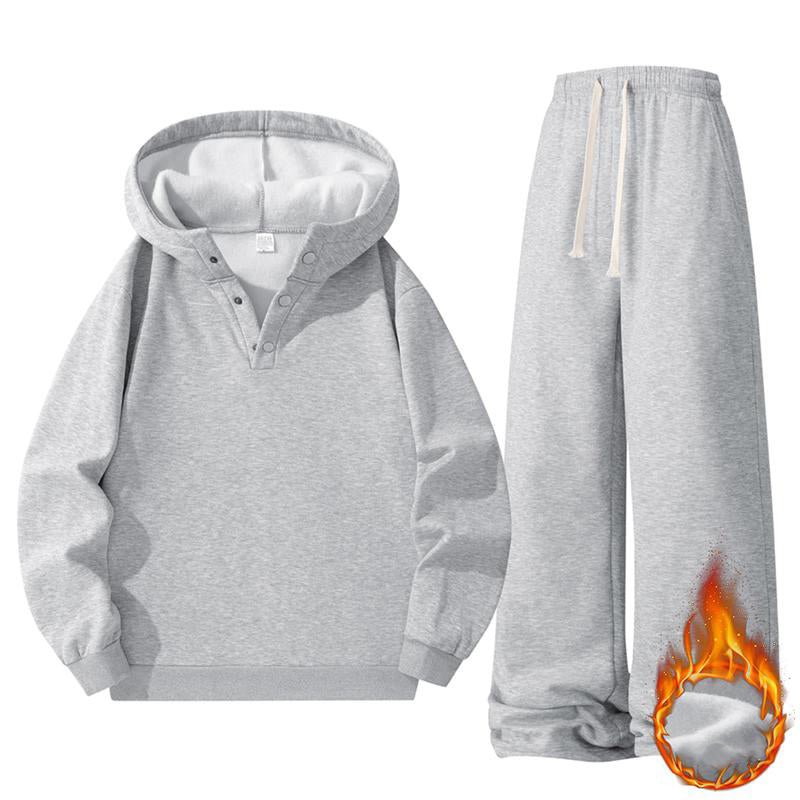 KZZ Autumn & Winter Lazy Set Fleece Hoodie + Straight-Leg Sweatpants