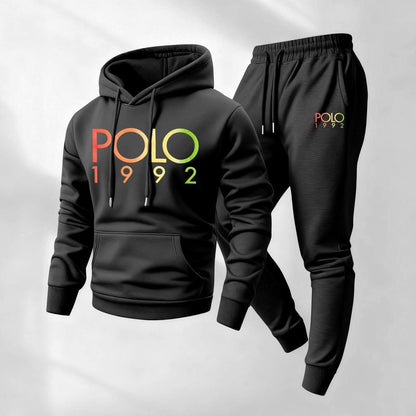 KZZ Men's Polo Pattern Print Hoodie and Drawstring Sweatpants Set