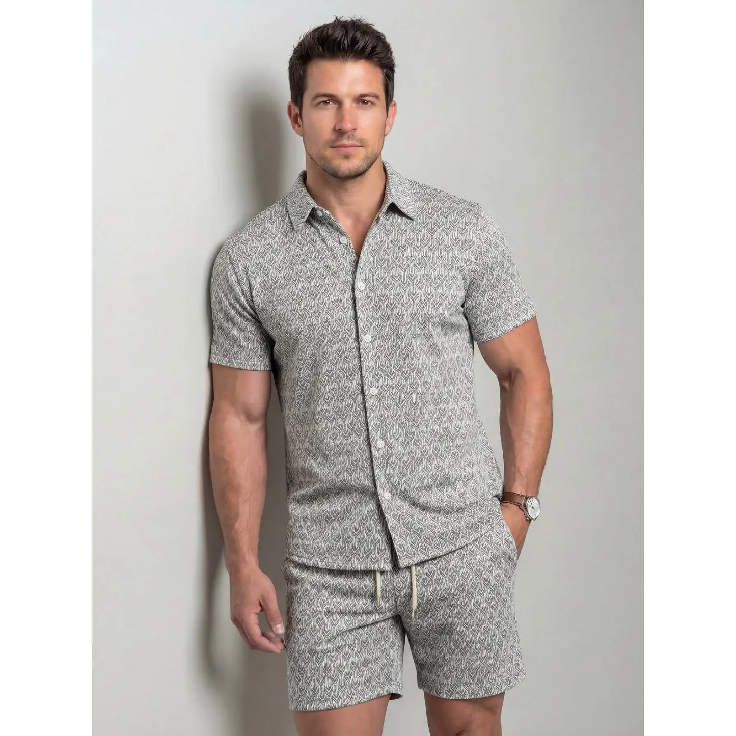 KZZ Men's New Stylish Jacquard Shirt and Shorts Set