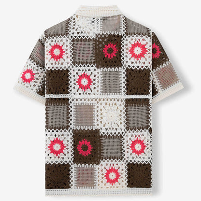 KZZ Men's Retro Ethnic Style Crocheted Lace-up Layered Knit Top