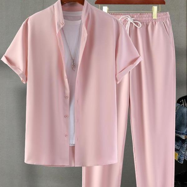 KZZ Men's Two-piece Suit Shirt and Elastic Waist Pants Set