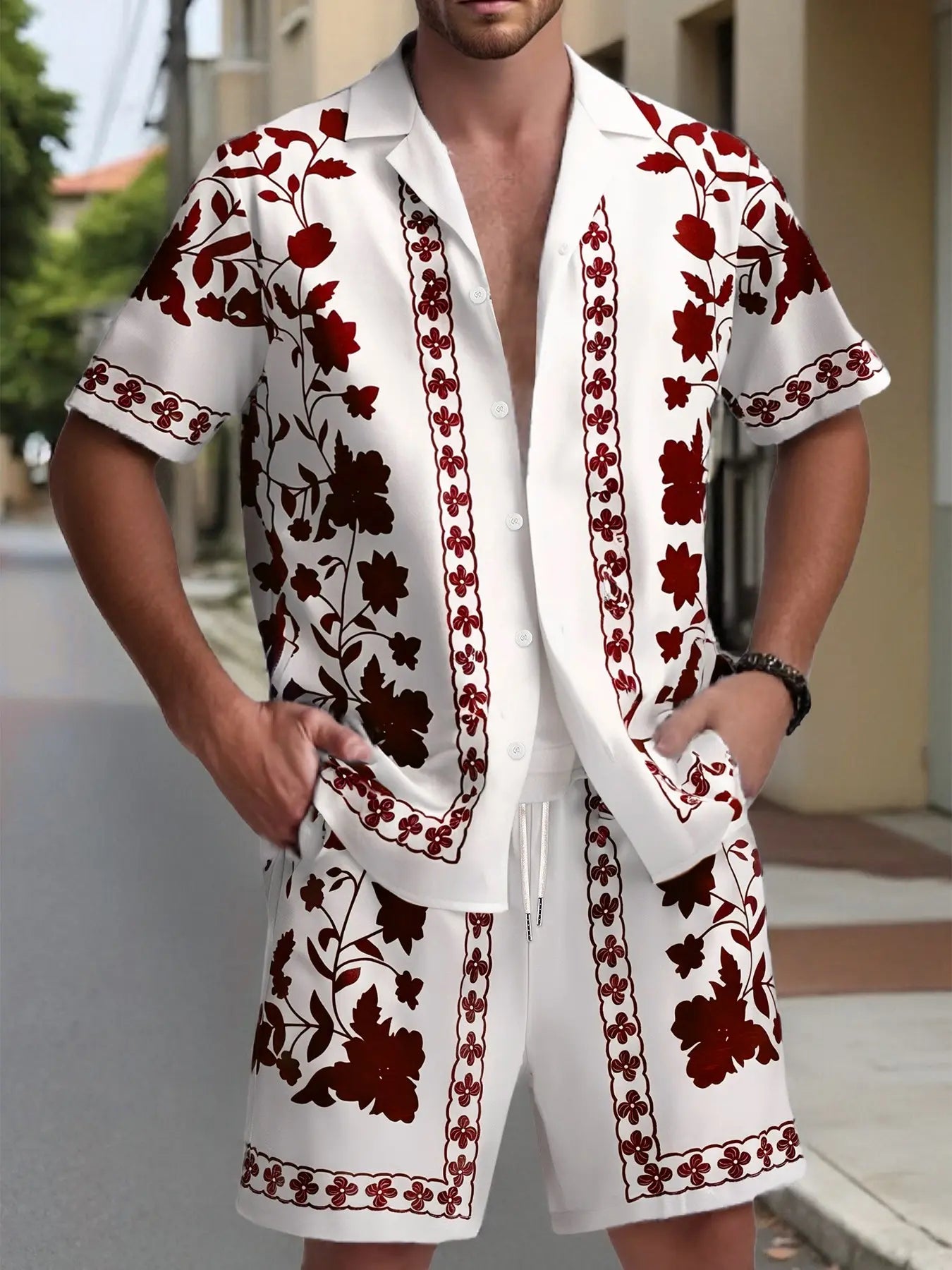 KZZ Men's ethnic-style patterned button-down shirt and shorts loungewear two-piece set
