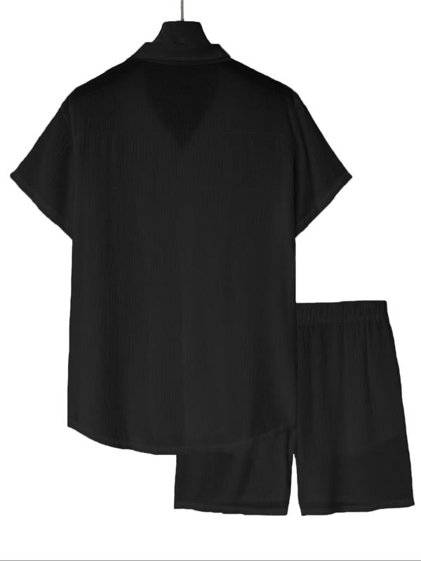 KZZ Men's Solid Color Shirt and Elastic Waist Shorts Set