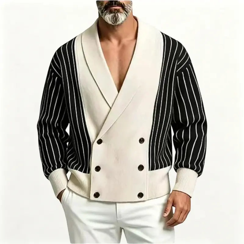 KZZ Men’s Vintage-Style Striped Double-Breasted Knitted Cardigan