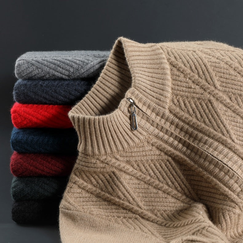 KZZ Men's solid color quarter-zip stand collar knit long-sleeved top