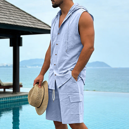 KZZ Loose-Fit, Breathable Linen Summer Set: Hooded Sleeveless Shirt & Cargo Shorts