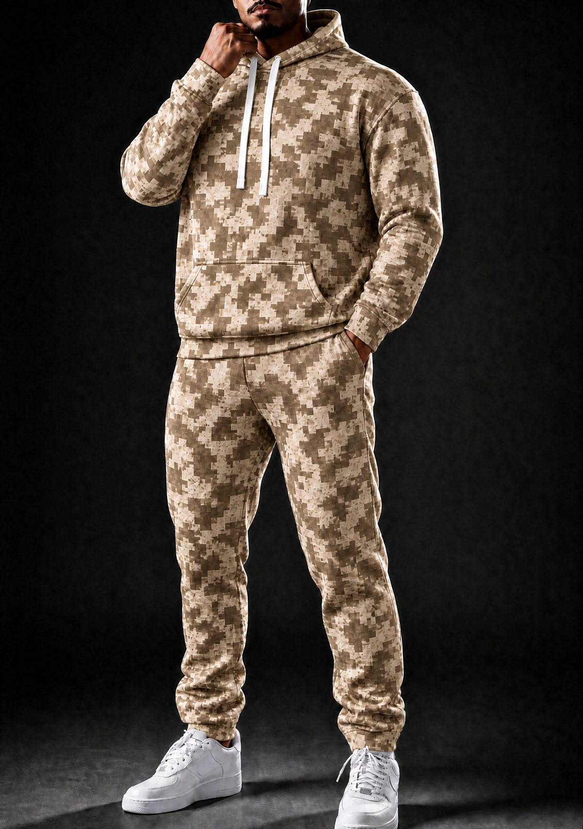 KZZ Men's Pixel Camouflage Hooded Tracksuit Two-Piece Casual Sportswear