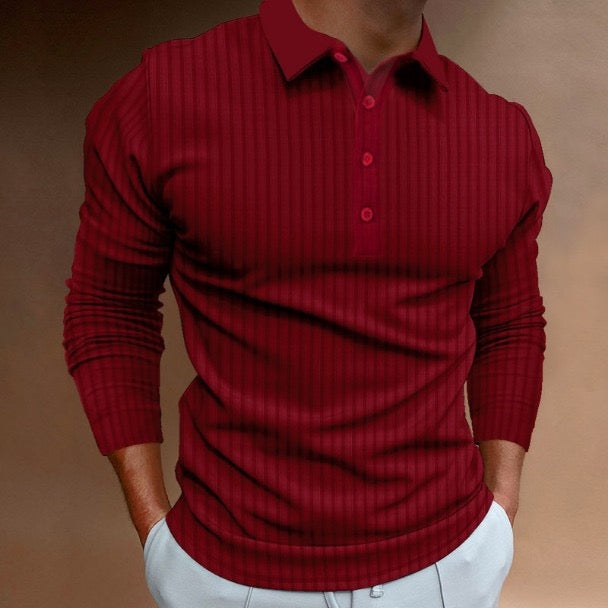 KZZ Men's Solid Color Button Polo Shirt, Regular Fit Casual Long Sleeve Top