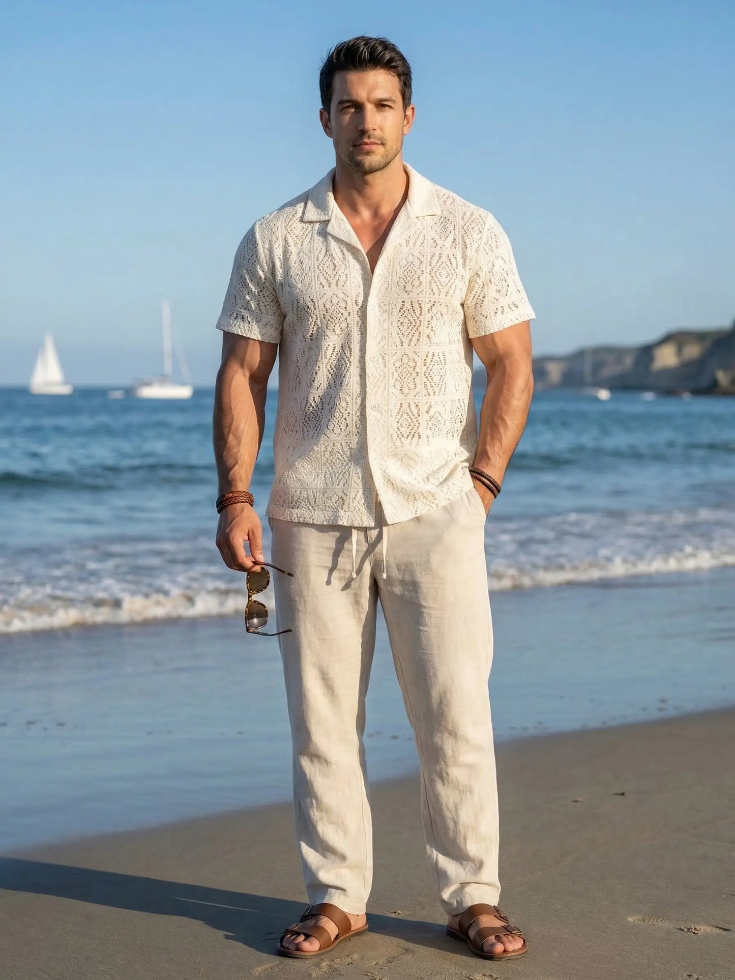 KZZ Men's slim-fit short-sleeved tie-front shirt
