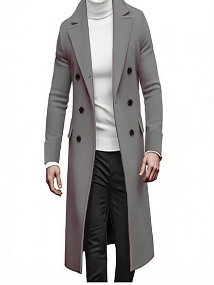 KZZ Men's Notch Lapel Double Breasted Long Trench Coat