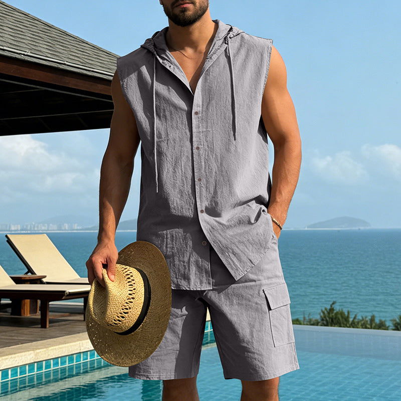 KZZ Loose-Fit, Breathable Linen Summer Set: Hooded Sleeveless Shirt & Cargo Shorts