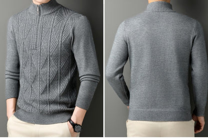 KZZ Men's solid color quarter-zip stand collar knit long-sleeved top