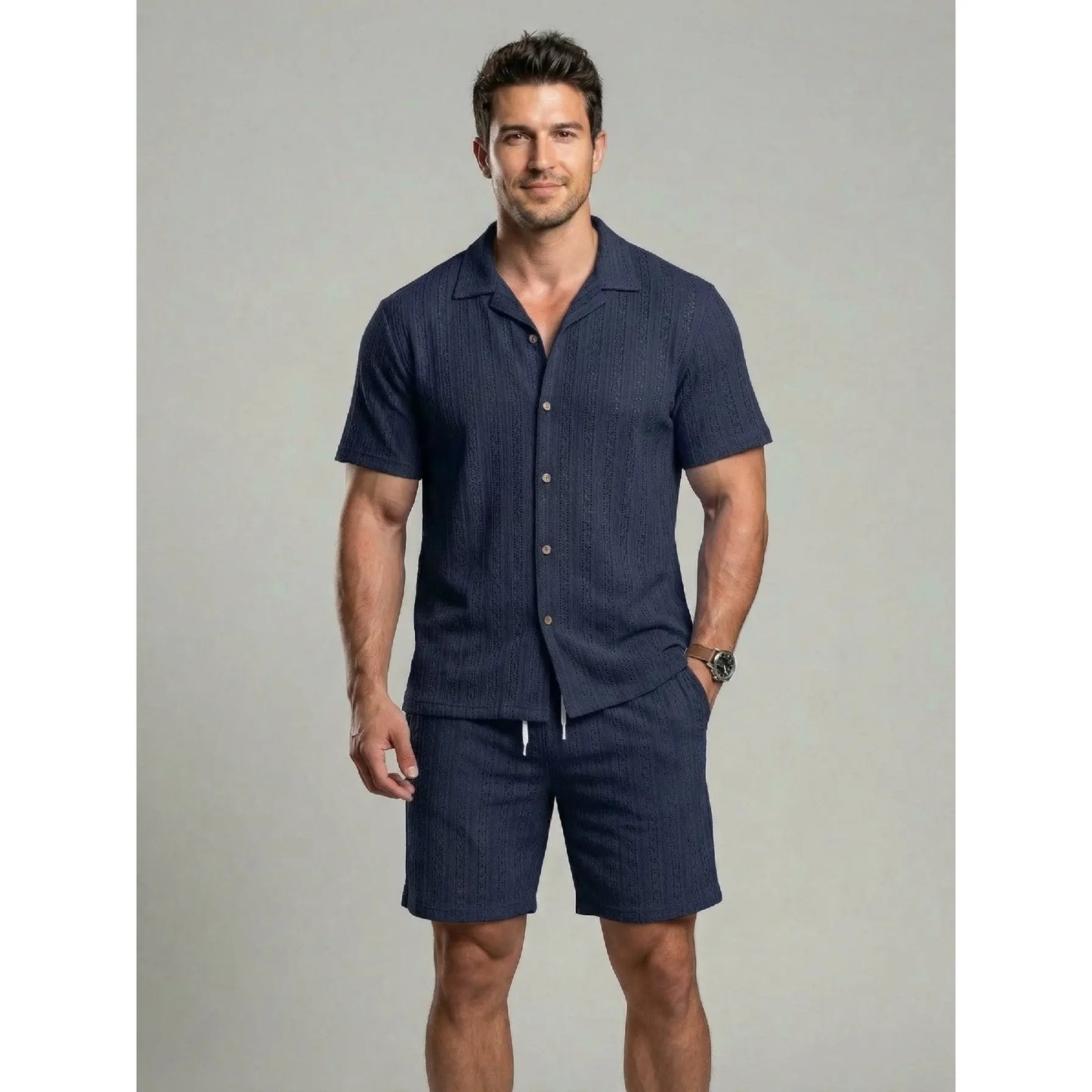 KZZ Men's openwork shorts, short-sleeved top and drawstring shorts