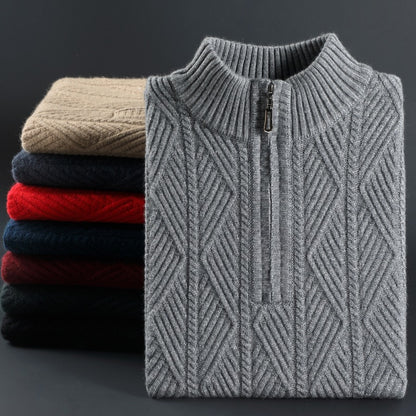 KZZ Men's solid color quarter-zip stand collar knit long-sleeved top