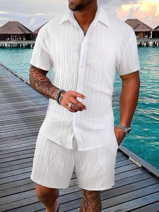 KZZ ultra-large size texture shirt and tie waist shorts summer set
