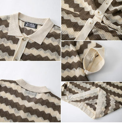 KZZ Men's Retro Hong Kong Style Wavy Open-Knit Polo Shirt