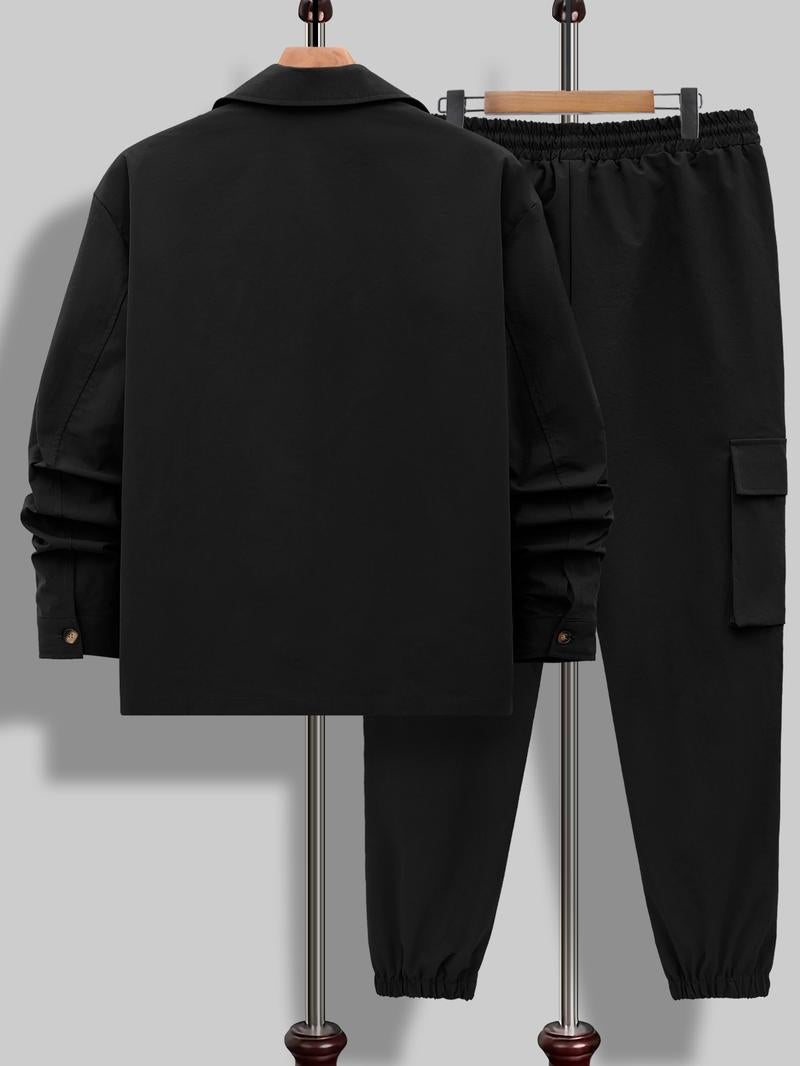 KZZ Men's Solid Color Pocket Button Front Shirt & Pants Two-Piece Set