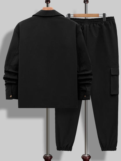 KZZ Men's Solid Color Pocket Button Front Shirt & Pants Two-Piece Set