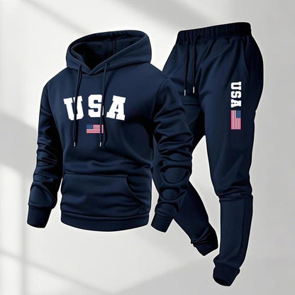 KZZ Men's USA Letter Printed Hoodie and Drawstring Sweatpants Set