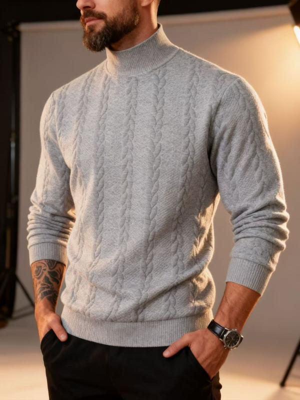 KZZ Men's solid color knitted jacquard turtleneck sweater