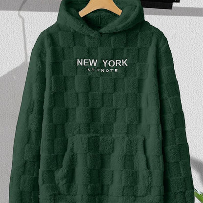 KZZ NewYork Hoodie Men's Letter Embroidery Pocket Textured Flannel Hoodie