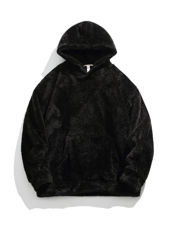 KZZ Men's Solid Pocket Long Sleeve Fuzzy Hoodie