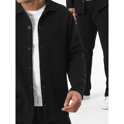KZZ Men's Casual Outdoor Solid Color Long Sleeve Shirt and Pants Set