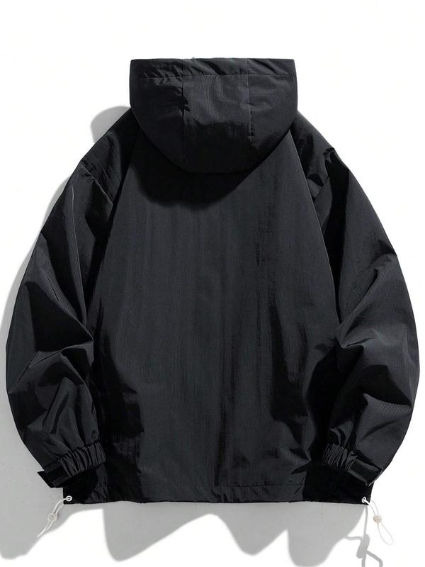 KZZ Men's Letter Print Drawstring Pocket Half Zipper Hooded Jacket