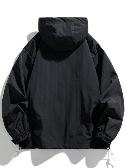 KZZ Men's Letter Print Drawstring Pocket Half Zipper Hooded Jacket