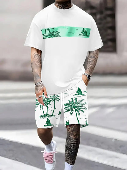 KZZ Men's Tropical Palm Tree Print Short-Sleeve Shirt and Shorts Set