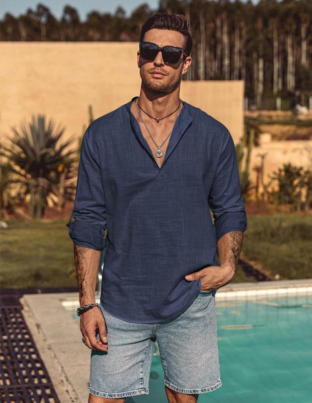 KZZ Men's Cotton Linen  Shirt Long Sleeve Hippie Casual Beach T Shirts Menswear