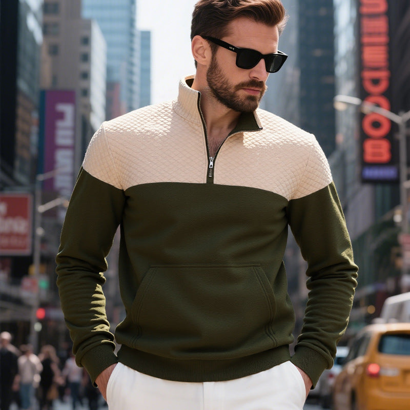 KZZ Men's Fall/Winter Patchwork Design Casual Stand-Up Collar Zipper Hoodie Sweatshirt