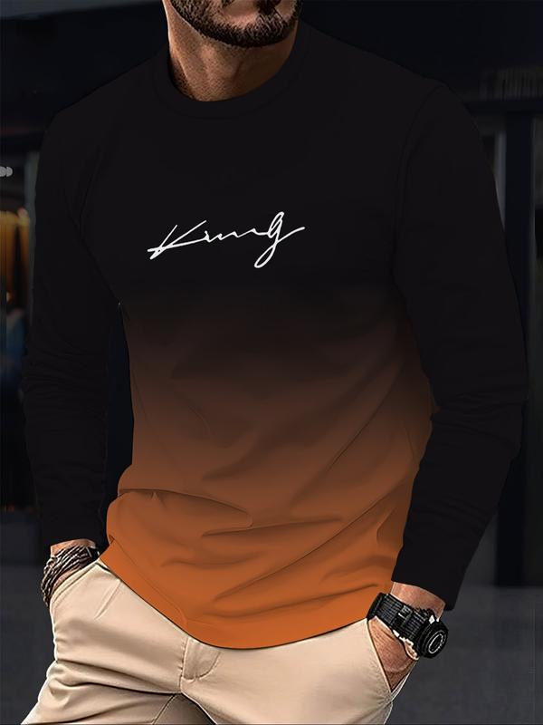 KZZ Men's Casual Long Sleeve T-Shirt, Gradient Color Round Neck, Letter Print Design