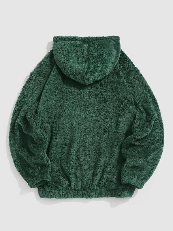 KZZ Men's Cartoon Bear Embroidered Drawstring Plush Hoodie, Casual Pocket Sweatshirt