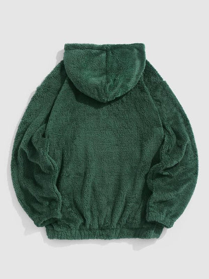 KZZ Men's Cartoon Bear Embroidered Drawstring Plush Hoodie, Casual Pocket Sweatshirt