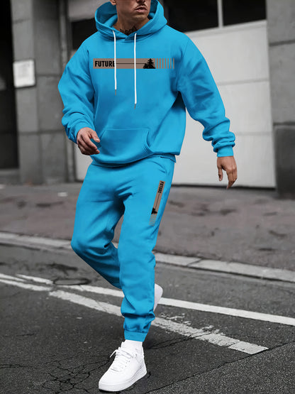 KZZ Two-piece Set Men's Tree Graphic Hoodie & Drawstring Waist Sweatpants