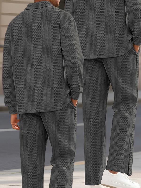 KZZ Men's Textured Long Sleeve Polo Shirt & Drawstring Pants Set