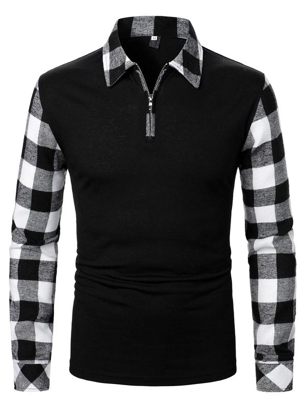 KZZ Men's Patchwork Plaid Print Half Zip Up Polo Shirt