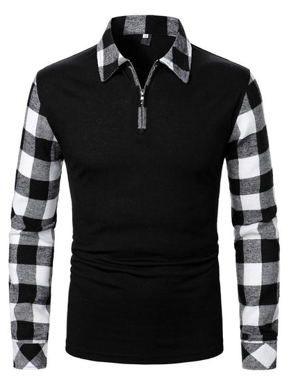 KZZ Men's Patchwork Plaid Print Half Zip Up Polo Shirt