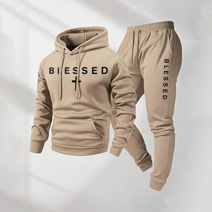 KZZ Men's Blessed Cross Letter Pattern Print Hoodie and Drawstring Sweatpants Set