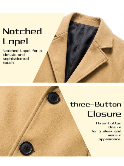 KZZ Men's Solid Button Front Lapel Neck Midi Coat Wear