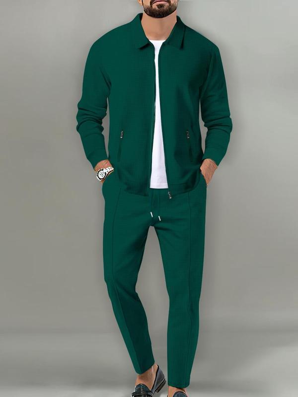 KZZ Sporty Two-piece Set Men's Plain Zip Up Jacket & Drawstring Waist Pants Tracksuit Set