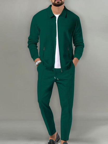 KZZ Sporty Two-piece Set Men's Plain Zip Up Jacket & Drawstring Waist Pants Tracksuit Set
