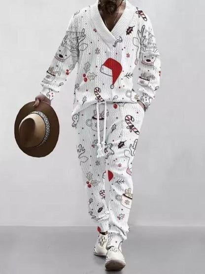 KZZ Two-piece Set Men's Solid Jacquard Drop Shoulder V Neck Top & Drawstring Waist Pants