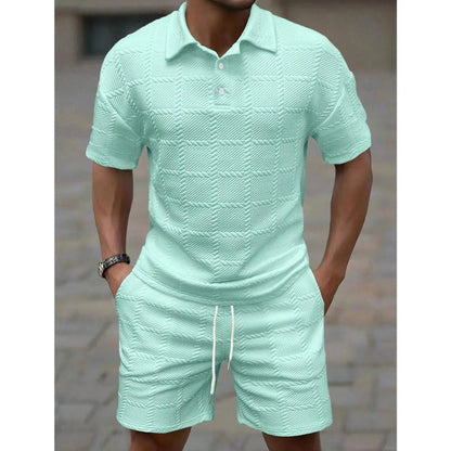 KZZ Men's Summer Solid-Color Stylish Casual Short-Sleeve Set