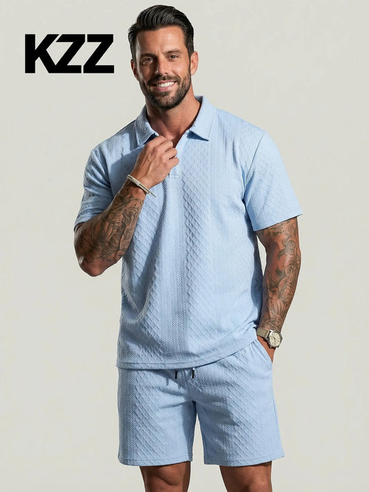 KZZ Men's Solid Polo Shirt & Drawstring Waist Shorts Set