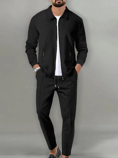 KZZ Sporty Two-piece Set Men's Plain Zip Up Jacket & Drawstring Waist Pants Tracksuit Set