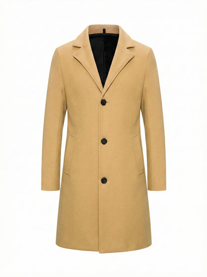 KZZ Men's Solid Button Front Lapel Neck Midi Coat Wear