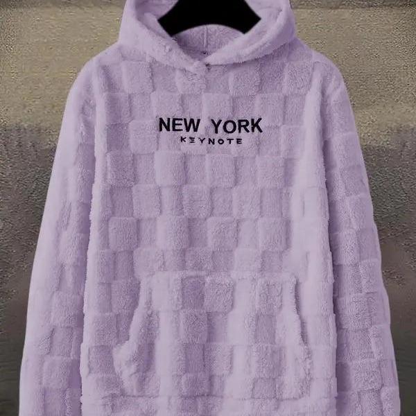 KZZ NewYork Hoodie Men's Letter Embroidery Pocket Textured Flannel Hoodie
